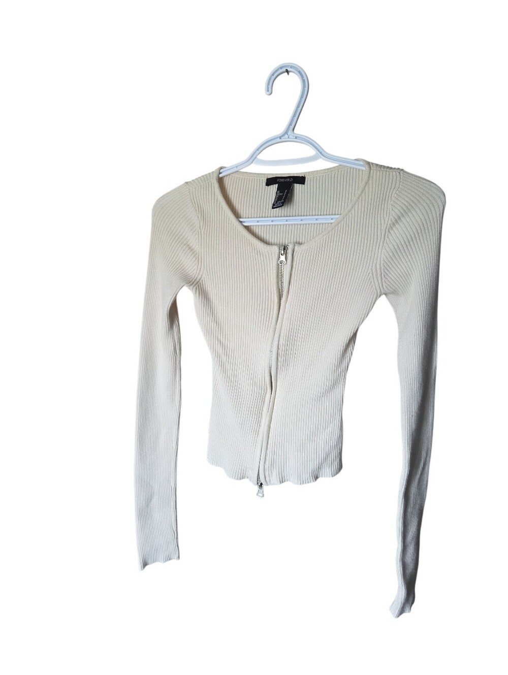 Forever 21 Y2K Cream Ribbed Knit Double Zip Up Cardigan Sweater Small S